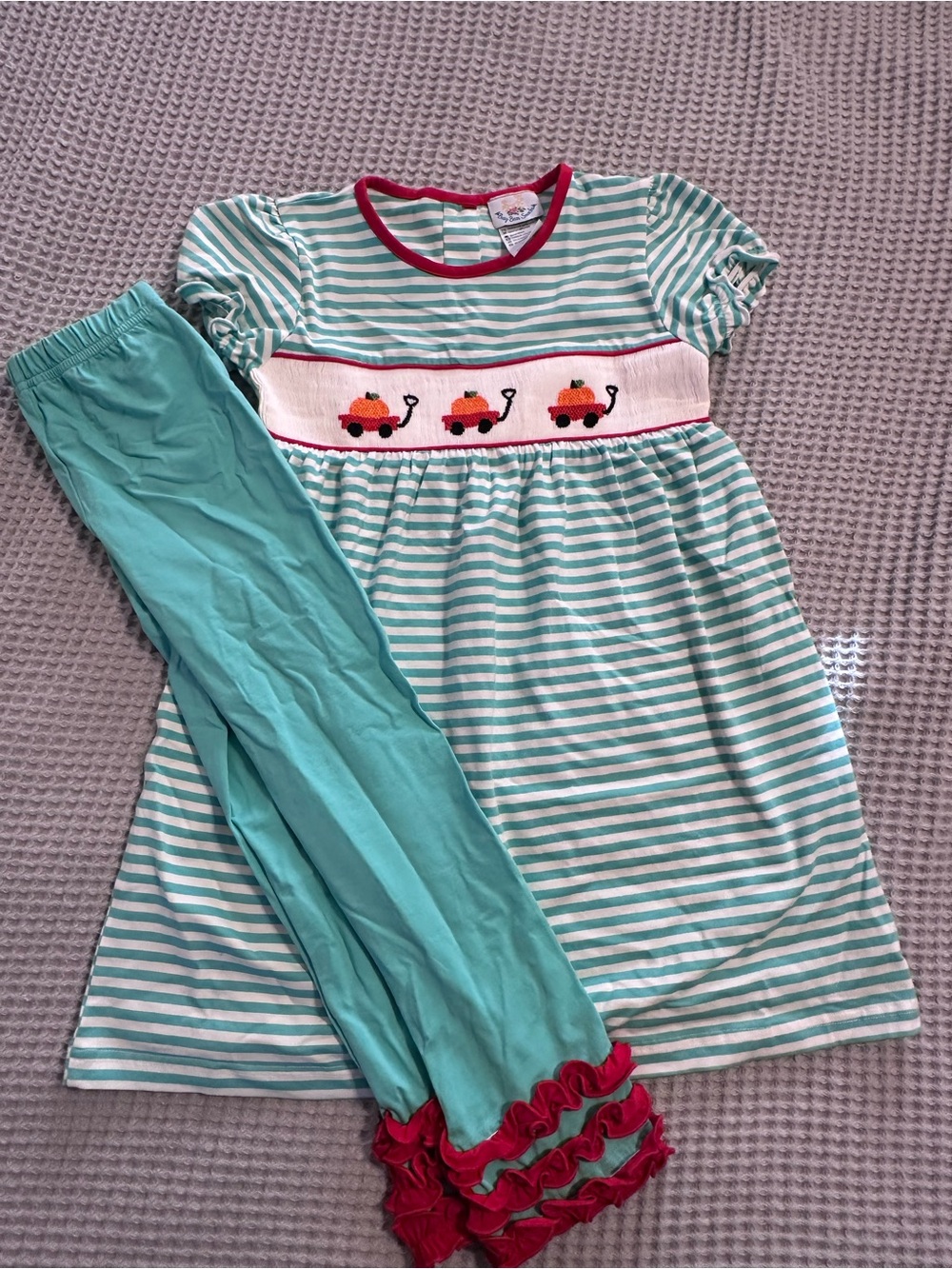 Girls' Aqua & White Striped Dress & Legging Set with Red Trim & Pumpkin Smocking